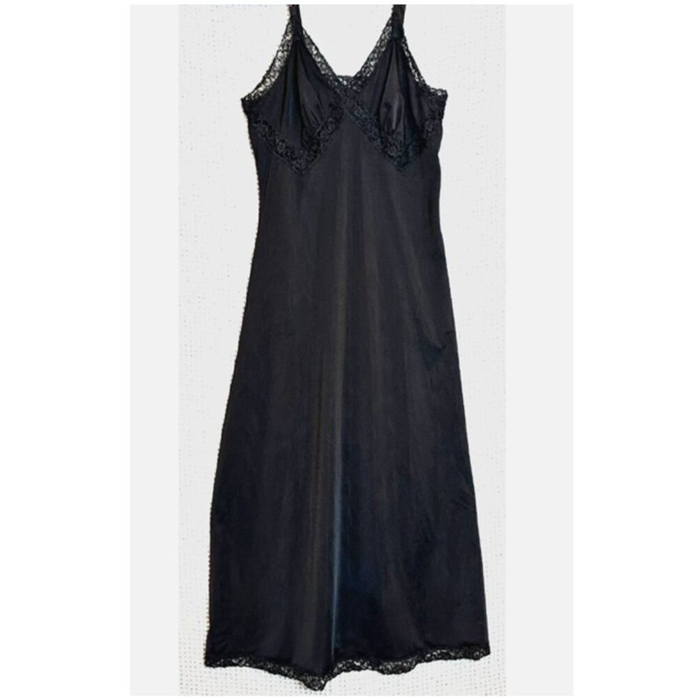 Vtg 1950s Carter’s Black Nylon Lace Slip Dress | Junior Miss Size 11 Bust 34